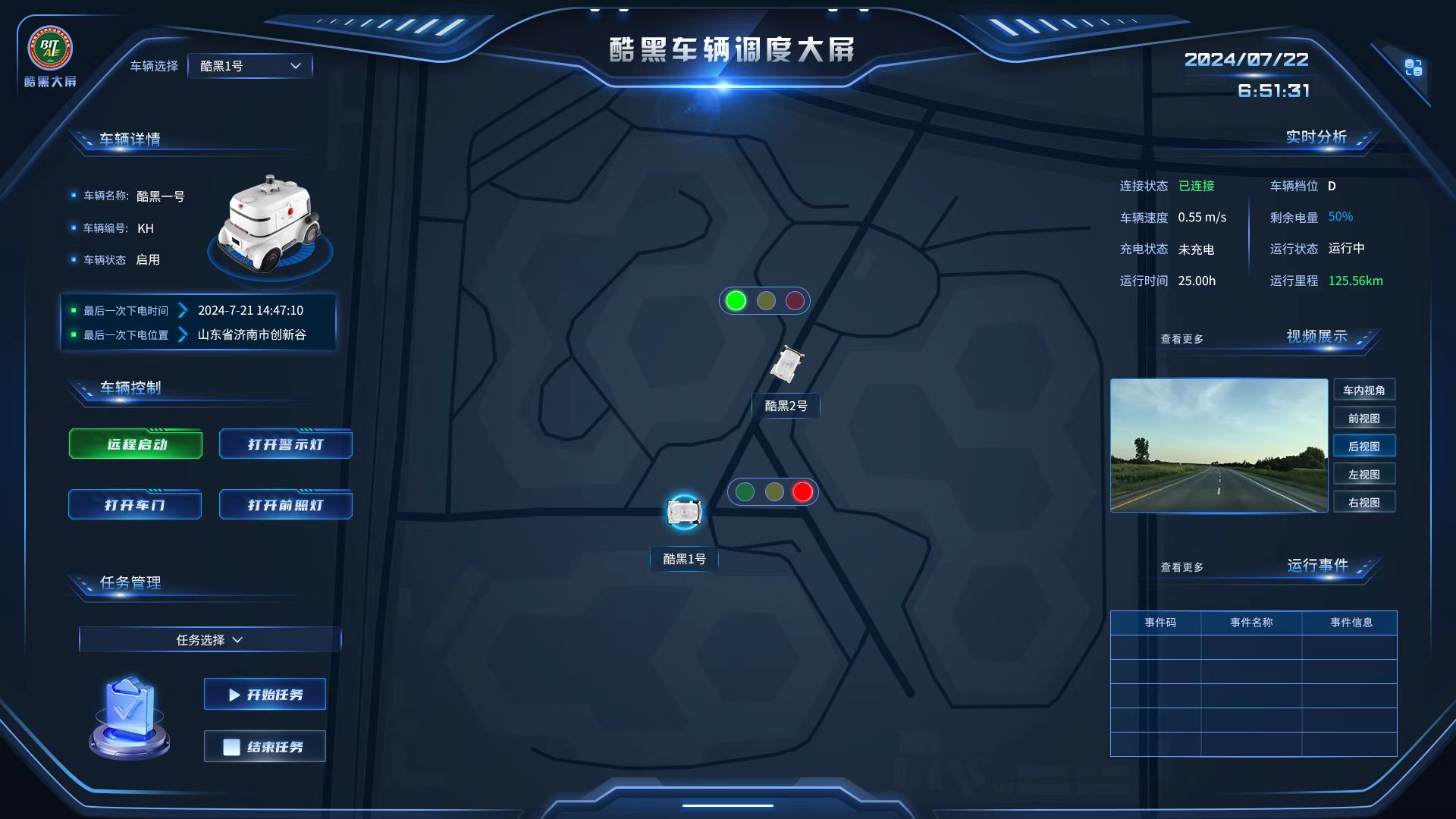 Vehicle operations dashboard with controls, map, live status, video, and events