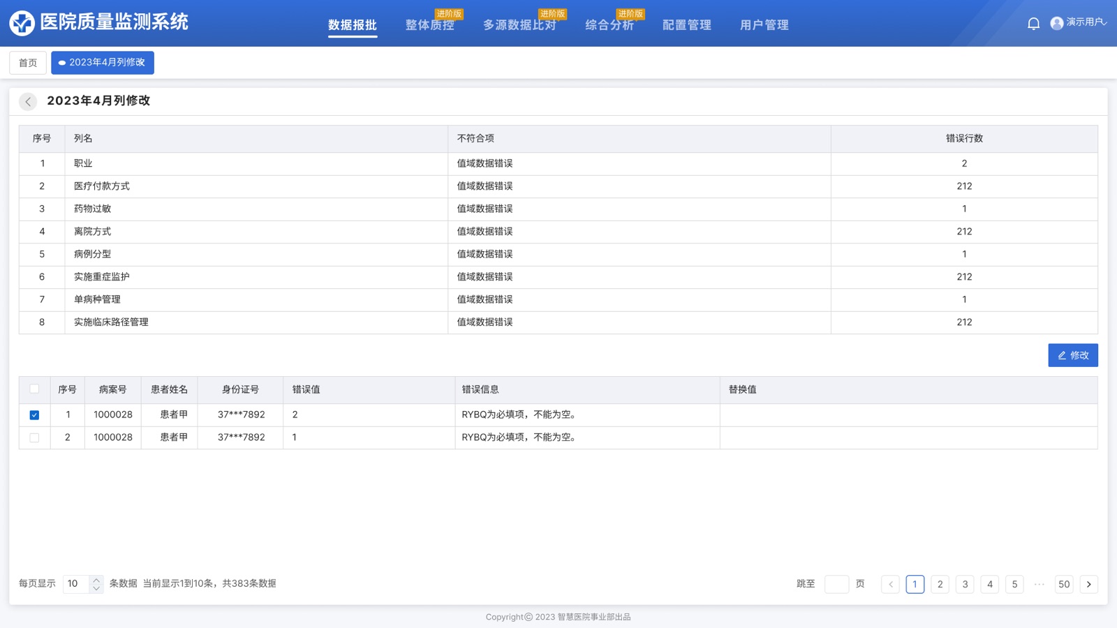 Hospital Column Editing: Hospital Quality Monitoring System UI design screen