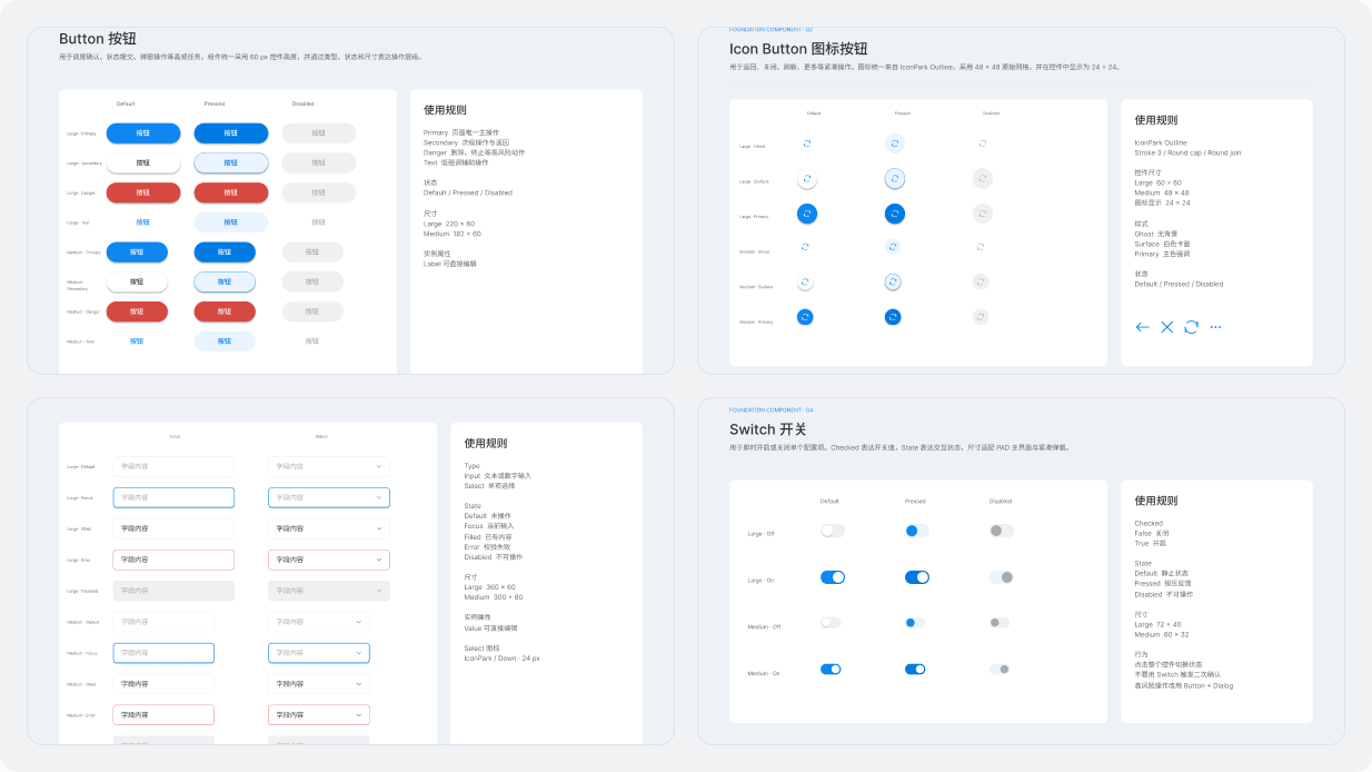 Buttons, controls, icons, and interface standards for the tablet HMI